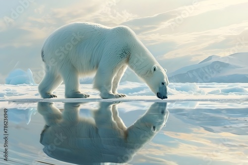Svalbard  Norway. The polar bear is sitting at the edge of the ice  backlit. Polar bears searching through the melting Arctic ice for food. the effects of global warming and climate change on their ab