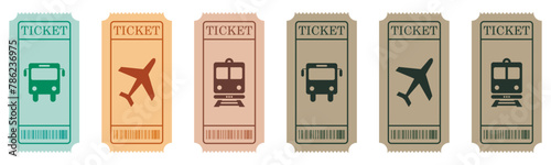 Vintage travel ticket template for bus, plane, and train railway pass. Vector illustration isolated on transparent background.