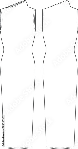asymmetric high neck sleeveless body-con straight h line maxi long midi elastic dress template technical drawing flat sketch cad mockup fashion woman design style model 