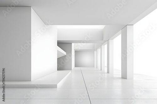 Columnar, Minimalist Corridor Modern white room with 3D rendering Three-dimensional model of a white, deserted hallway with sloping walls