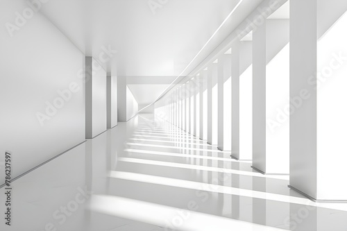 Columnar, Minimalist Corridor Modern white room with 3D rendering Three-dimensional model of a white, deserted hallway with sloping walls