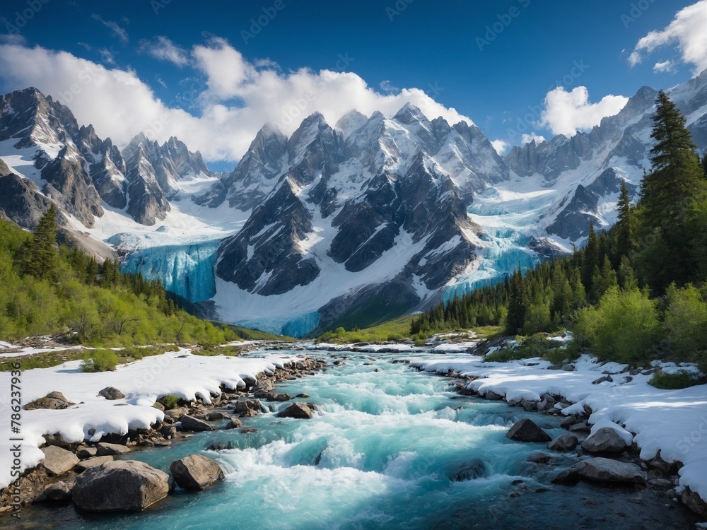Pristine river, born from melting glaciers, flows vigorously amidst serene landscape. Water, crystal clear, icy cold, rushes over smooth rocks scattered along its path.