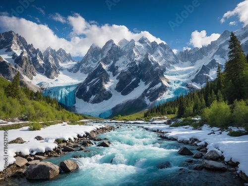 Pristine river, born from melting glaciers, flows vigorously amidst serene landscape. Water, crystal clear, icy cold, rushes over smooth rocks scattered along its path. © Tamazina