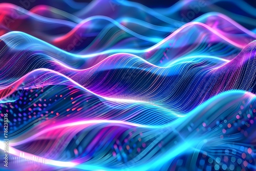 abstract blue backdrop with colored lines and dots woven throughout. Dots in a wave and lines woven together Blue Netting or Weaved Lines Glow In Abstract Pattern Against Dark Background. Abstract 