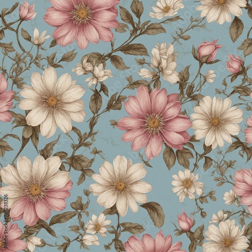 Pattern of beautifully illustrated flowers, leaves adorns soft blue background. Flowers, in full bloom, exhibit delicate interplay of colors, with petals ranging from deep pink to soft white.