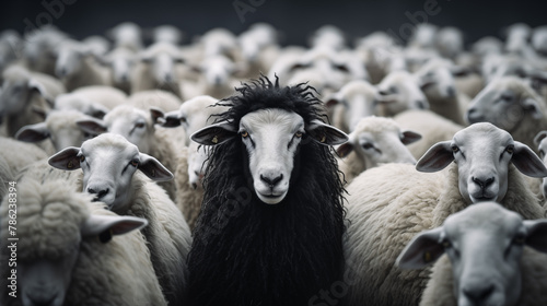 Striking Black Sheep Centered in a Crowd of White Sheep