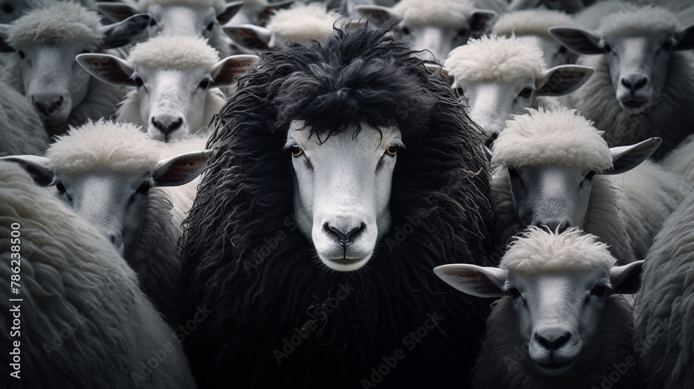 Obraz premium Curly Black Sheep Stands Out in Crowd of White Sheep