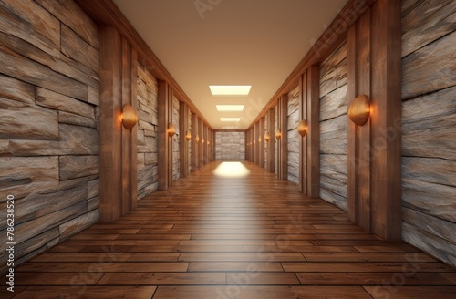 View of luxury a corridor, hallway, or passageway in a hotel decorated with a stone wall and wood floor. Generative AI.