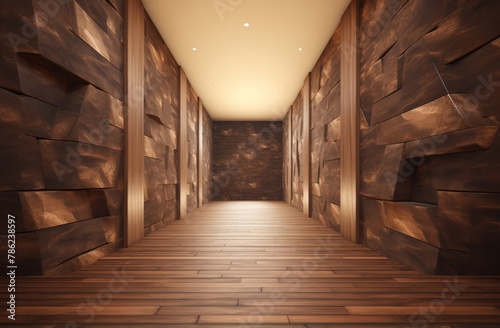 View of luxury a corridor  hallway  or passageway in a hotel decorated with a stone wall and wood floor. Generative AI.