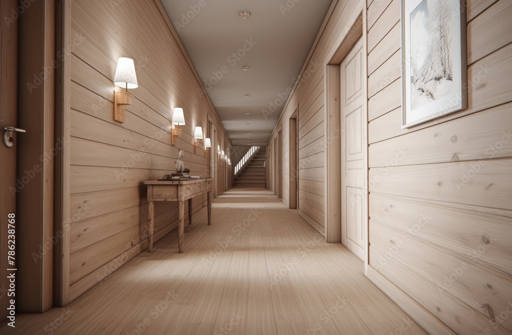 View of luxury a corridor, hallway, or passageway in a hotel decorated with a stone wall and wood floor. Generative AI.