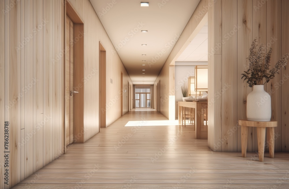 View of luxury a corridor, hallway, or passageway in a hotel decorated with a stone wall and wood floor. Generative AI. View of luxury a corridor, hallway, or passageway in a hotel decorated with a stone wall and wood floor. Generative AI.