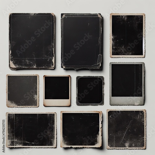 Set of Old Black Empty Aged Vintage Retro Damaged Paper Cardboard Photo Card.