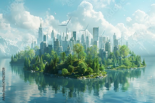 Modern ecological city with wind turbines, alternative energy and ecology.