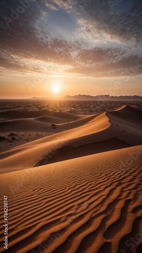 Tranquil desert landscape captured at moment of sunset  with horizon delineated by distant range of mountains. Sky  awash with hues of orange  blue.