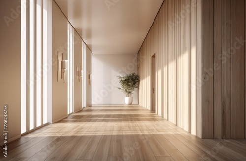 View of luxury a corridor  hallway  or passageway in a hotel decorated with a stone wall and wood floor. Generative AI.