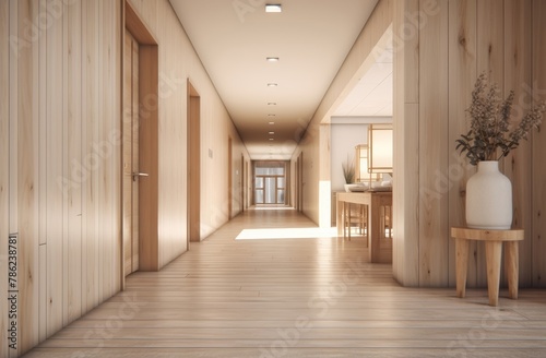 View of luxury a corridor, hallway, or passageway in a hotel decorated with a stone wall and wood floor. Generative AI. © Surachetsh