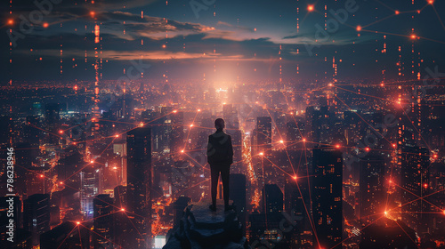 Silhouette of a Man Standing on a Mountain Overlook with Digital Network Overlay and Sunset Cityscape Background