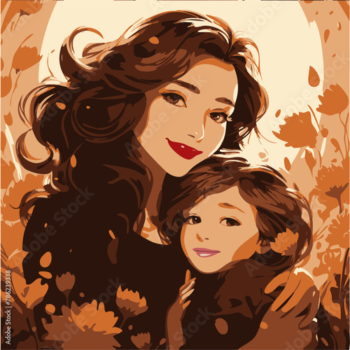 Mother's Day mom and baby cartoon drawing, vector illustration mom's day parent and child, mother and a mom receiving Mother's day, mother and daughter, son, floral, love