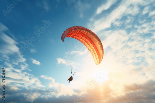 a paraglider flies in the sky, against the background of the sky and clouds, beautiful light