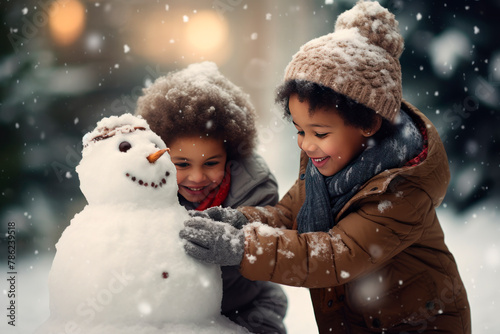 Black children happy girl and boy making a snowman