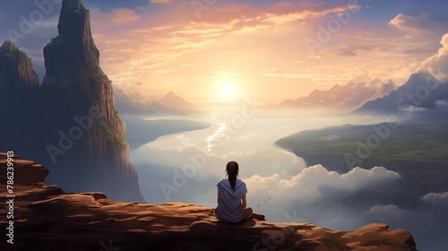 A solitary figure embraces the stillness of nature, sitting at the summit's edge, overlooking a majestic river cutting through the misty mountain landscape at sunrise.