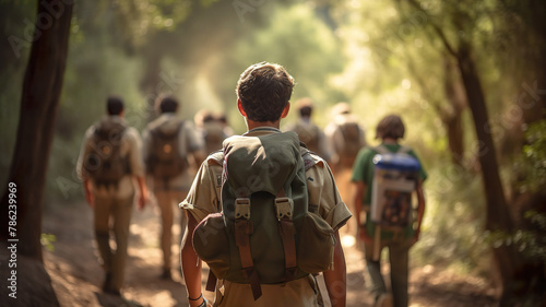 Group of by scouts walking in the green forest for camping and adventure. Back side.