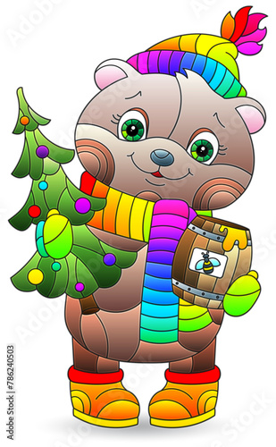 Illustration in the style of a stained glass window with a bear,  on a white background