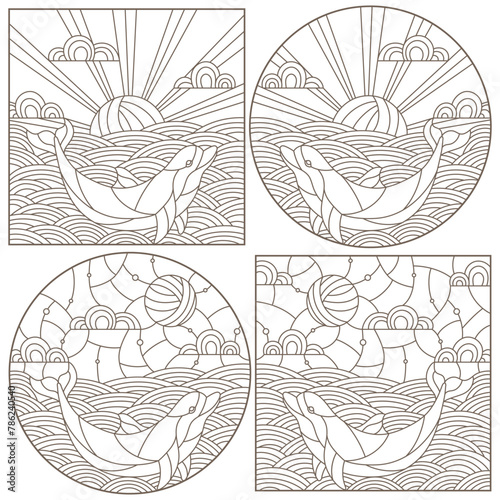 Set contour illustrations with dolphins on the waves and the sky , the dark outline on a white background