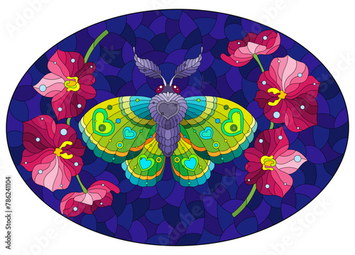 A stained glass illustration with a cute moth and orchid flowers on a blue sky background