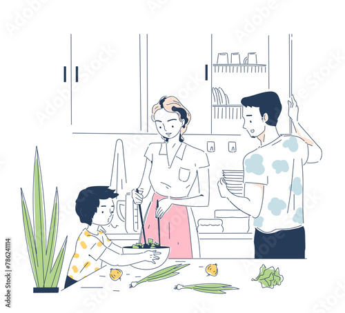 Family preparing food together in a kitchen, simple line drawing with blue tones, domestic life. Modern line art style flat cartoon vector illustration