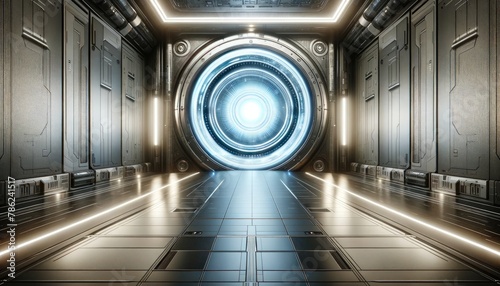 An illuminated portal at the end of a high-tech spaceship corridor, evoking a sense of sci-fi adventure and exploration.