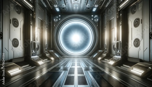 An illuminated portal at the end of a high-tech spaceship corridor  evoking a sense of sci-fi adventure and exploration.