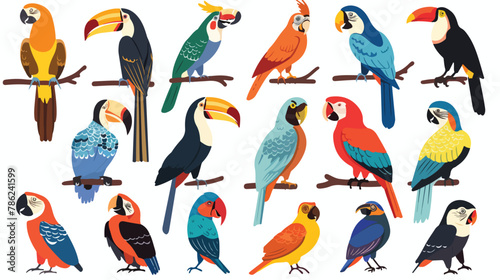 Set of vector flat cartoon tropical exotic birds set.