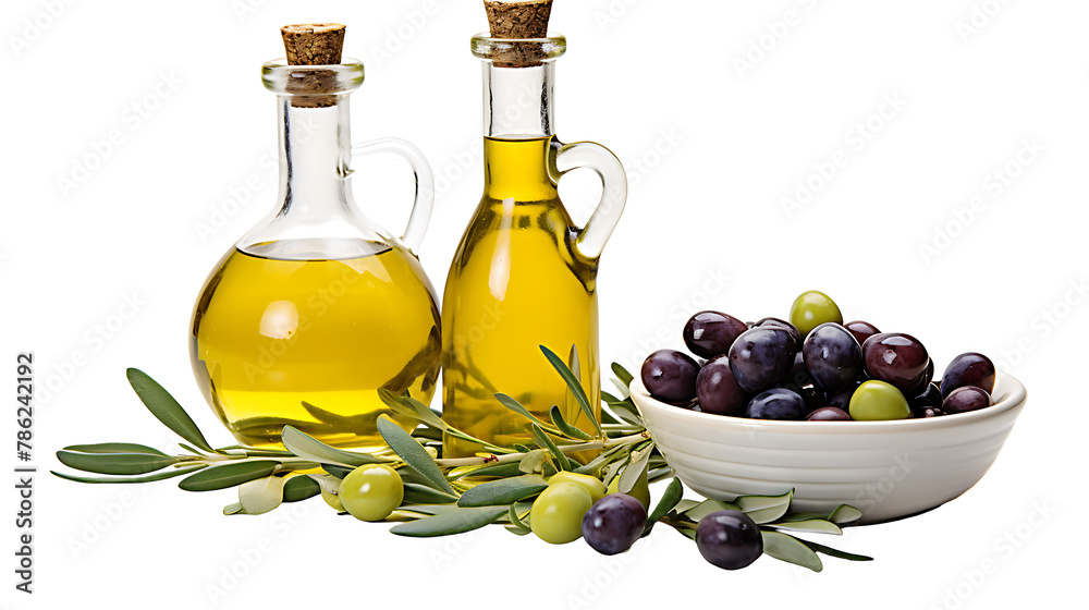 Bottle of olive oil and olive berries on white background. 