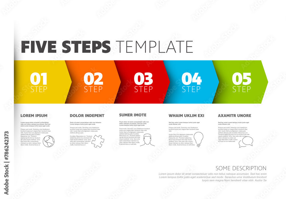 Five progress block steps template with descriptions and icons on white background
