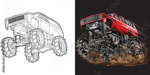 Outline and painted truck splash. Isolated in black background, for t-shirt design, print, and for business purposes.