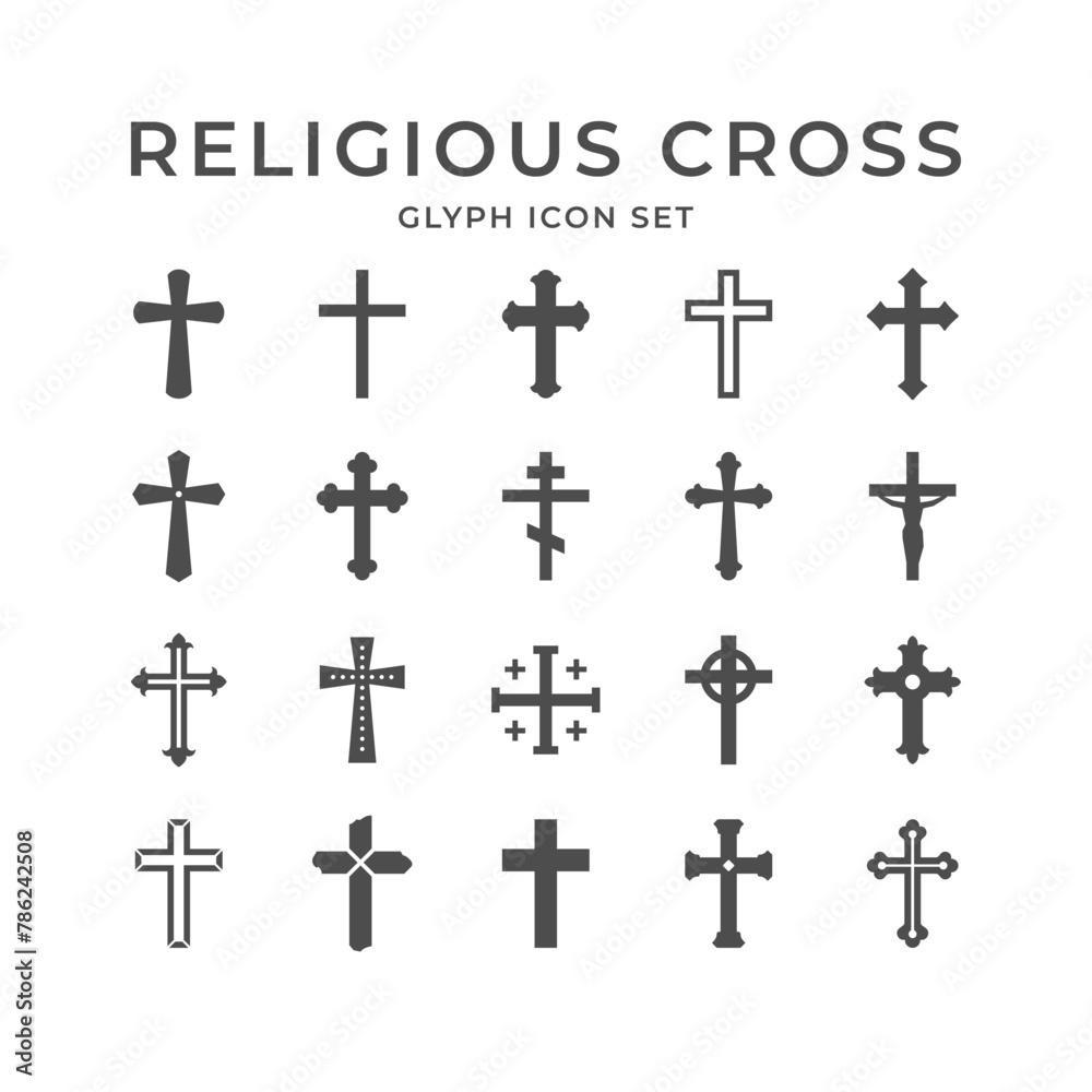 Set glyph icons of religious cross