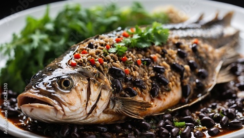 Steamed Whole Fish with Black Bean Sauce Whole fish steamed and served with a savory black bean sauce. photo