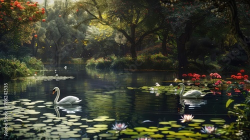 A tranquil pond surrounded by vibrant greenery and colorful flowers, with graceful swans gliding across its mirrored surface and the sound of birdsong filling the air,