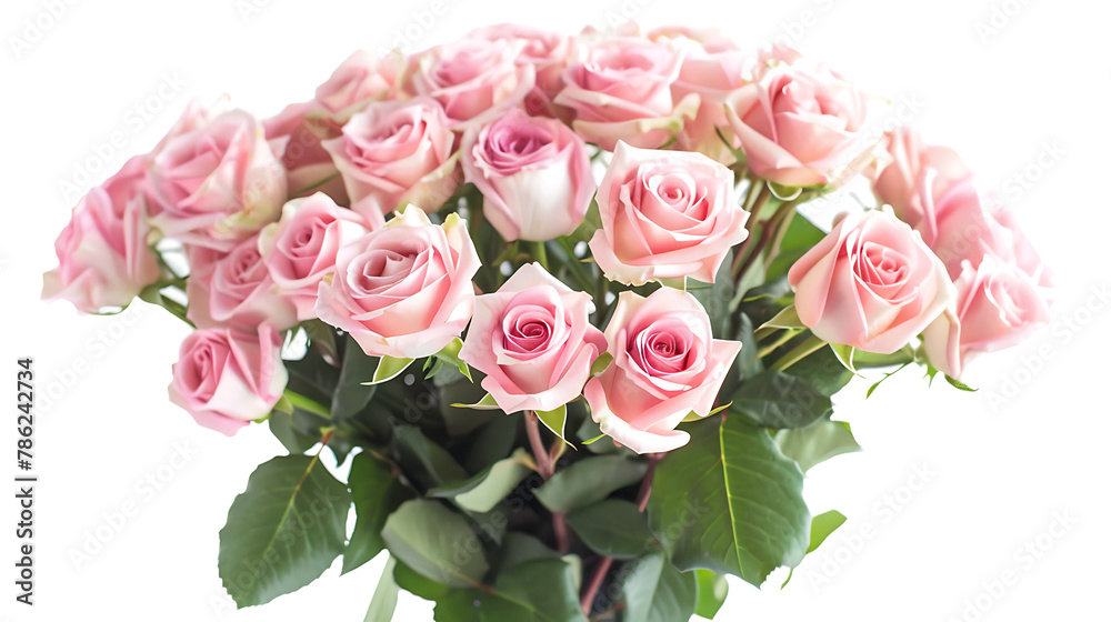 Bouquet of pink roses in a vase. Romantic floral decoration on white background  