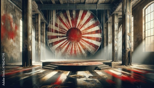 An evocative scene in an old warehouse featuring a large, worn sun flag mural, suggestive of past glory and present decay.