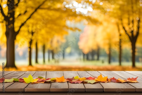 wooden table , autumn leaves