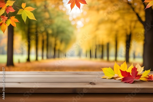 wooden table , autumn leaves
