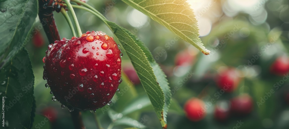 Macro close up of fresh cherry on tree with dew drops, ideal as wide banner with copy space Macro close up of fresh cherry on tree with dew drops, ideal as wide banner with copy space
