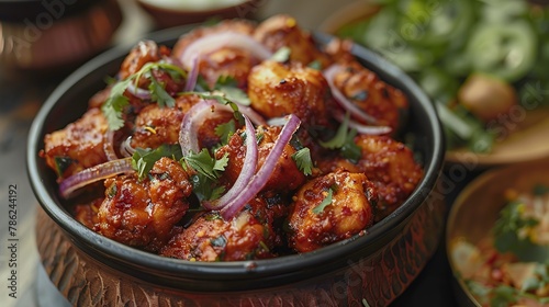 Red dry Indian chicken 65 with onion topping in a bowl of traditional Indian background " ai generated "