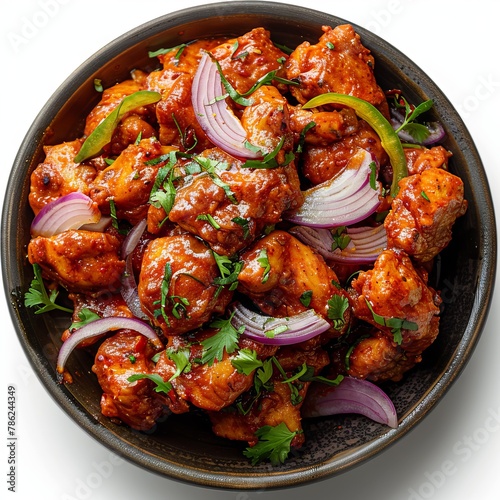 Red dry Indian chicken 65 with onion topping in a bowl of traditional Indian background 