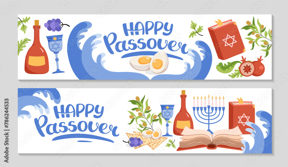 Naklejka premium Happy Passover Billboard set, party invitation background. Seder plate, matzah, egg, salad, Waves red sea, wine bottle, cup. Hand drawn lettering. Horizontal Backdrop for web. Vector flat illustration