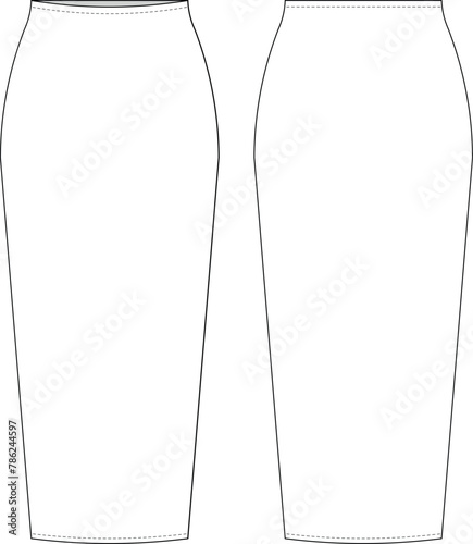 long maxi midi body-con pencil elastic skirt template technical drawing flat sketch cad mockup fashion woman design style model 