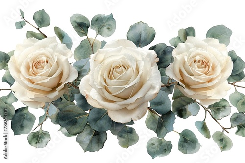 White roses and eucalyptus branches. Watercolor floral bouquets. Foliage arrangement for wedding