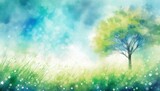 One tree in the meadow, watercolor style illustration background.